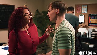 Big breast teacher fucks two students