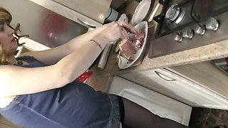 Wife Milf sexy blonde in shirt without panties and bra in stockings high heels continues naked kitchen. Big ass. Pussy. Handjob
