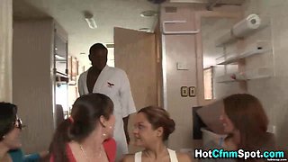 Clothed babe gets tits cumshot