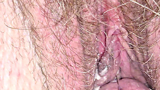 Teasing her hairy pussy and another creampie