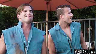 Two steamy handymen rail bisexual client