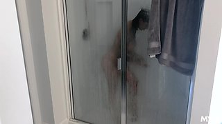 Kinky stepson is spying on hot young mommy taking a shower