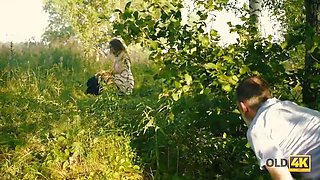 Old4k. mind-blowing red haired with glasses rides old sausage in the forest