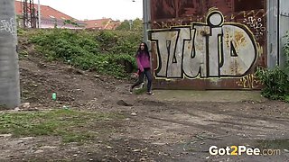 Naughty babe with dark hair craves public piss & makes a huge golden mess