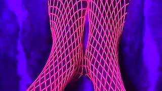 Pink Neon Fishnet on Sexy Small Asian Feet with Long Toes