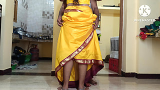 Yellow colour saree housewife with step brother