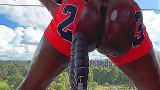 Fat ass ebony loves to ride her dildo anywhere