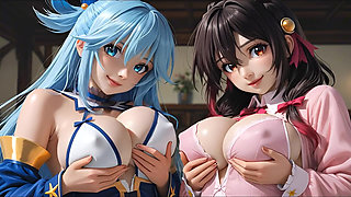 Sfw Aqua and Yunyun From Konosuba Soft Show Touching and Kissing Lesbian