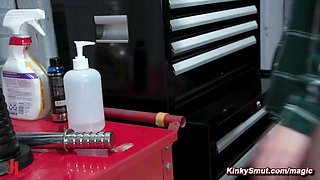 Blondie lesbian butt sex humped at mechanic workshop