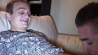 Threesome sex party with 3 twinks in the sofa