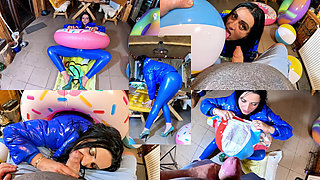 Dominant MILF Leather Pants and Glossy Downjacket. Air Mattress, Beach Ball Popping and Cum Play