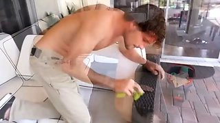 Bossy milf Melissa Lynn seduces her employee and lets him pack her throat with jizz