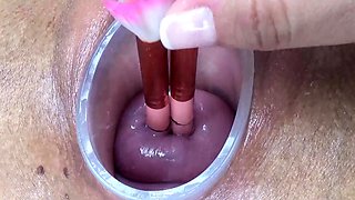 German Lesbian threesome Cervix play and peehole