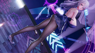 Jiggling Breasts; Bare-bottomed Miniskirt; Crotchless Black Stockings