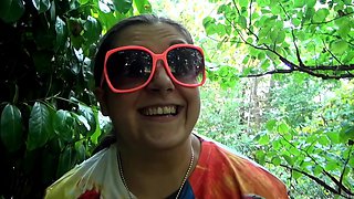 Short and thick brunette outdoor pising and public flashing