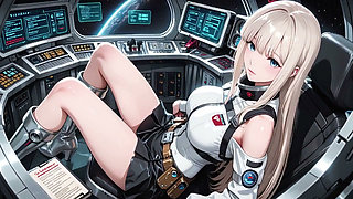 Private moments inside the futuristic spaceship where her white uniform is stretched to perfection.