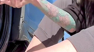 67 Tall Amazon Goddess Changes Her Tire - Big Feet in Frame
