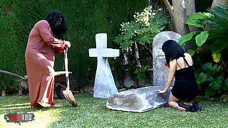 Young Latina widow fucked on husband's grave