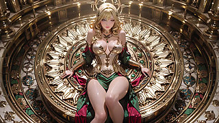 Blonde Angel Queen! Sacred kneeling in a grand cathedral, the green robe barely hiding her soft curves. She glances back shyly.