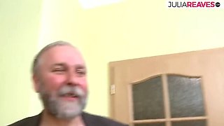 Young Brunette Teen in Hot Threesome with Old Man and Friend