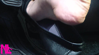 Revving and Driving in Black Leather Flats on Barefeet