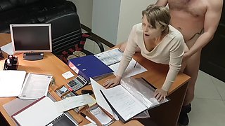 Hot office secretary sucks and rides her boss on the desk