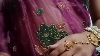 Indian Gay Crossdresser Bottom Gaurisissy Pressing and Playing with Her Big Boobs in Purple Saree with Heavy Jwellery