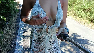 Public flashing of boobs and pussy, see-through dress
