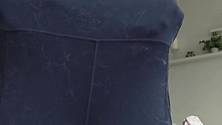 Cute Asian in Morning Outfit Braless White Shirt Leggings Strip