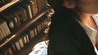Black-haired schoolgirl doggy in library and sloppy blowjobs