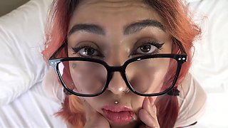 Cute latina redhead in glasses delivers real pleasure to her bf eating his asshole and sucking his dick
