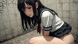 A female student squatting down in the bathroom, exposing her big butt