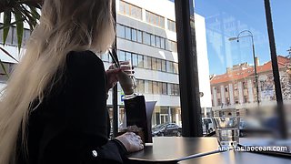 Flashing tits in cafe with glass walls so all people