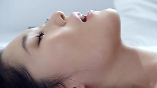 Skinny asian climbs on top of him, after fucking in missionary position