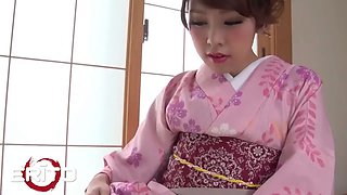 Erito - kimono cutie sucks a cock with sensation before getting a grubby creampie in her Hairy Pussy