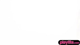 Slender redhead beauty strips naked to fuck herself with a dildo