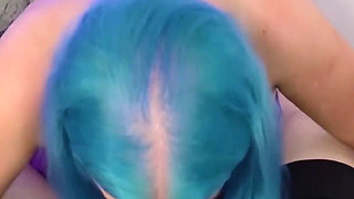 Crazy Blue Hair Cock Sucking Newbie in the Locker Room