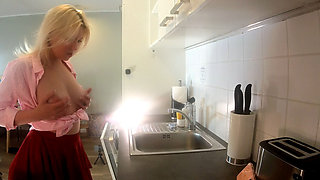 All Natural Big Tits Hottest Blonde in a Mini Skirt Flashes Panties and Does Cute Beauty Moves in the Kitchen
