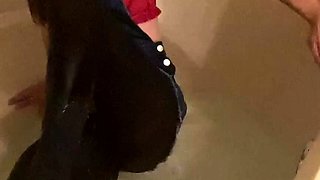 Busty curly brunette with big boobs fucks on couch