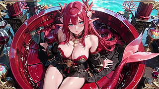 Red-haired Mermaid in Black Gown! Kneeling by the Pool, Lips & Mesmerizing Eyes.