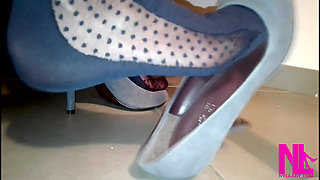 Sensual Shoeplay in Grey Patent Pumps and Blue Charmant Pantyhose