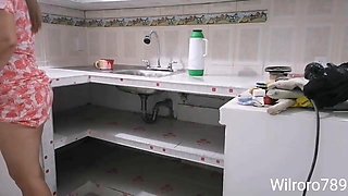 Mature fucking in the kitchen with worker