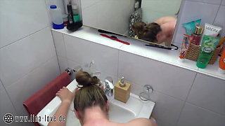 Family Quickie in the Bathroom, Stepbrother Also Wants to Fuck Her and Cum All Over Her Tits.