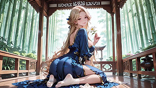 Blonde Goddess in Silk! Lazy Strolls, Kneeling Glances, and Fingertips Grazing Her Chest in a Sun-drenched Japanese Corridor