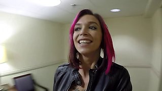 Public, big boobs, pink hair