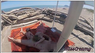 Voyeur Watching Us While My Hot Teacher Masturbating And Cumshot Cock In Nudist Beach Public P2