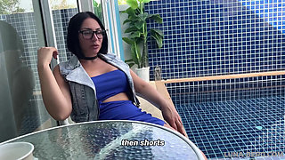 Hotwife MILF Seduced Stranger at Hotel Pool in Blue Dress & Swallowed His Cum