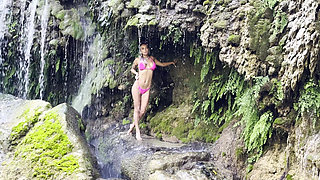 Monika Fox in Pink Bikini and Naked at Waterfall and Cave