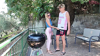 Distressed Stepaunt Seduces and Fucks Virgin Stepnephew to Convince Him to Help Her with the Bbq Before the Guests Arrive