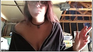 Smoking with Flashing Tits and Big Breasts